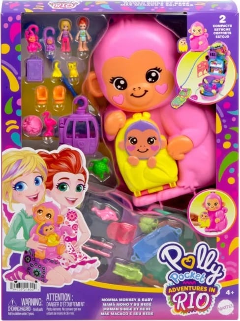 Set lodrash Polly Pocket Compact Monkey Bag, Mattel, HWP04, me figurina dhe aksesorë, Rozë