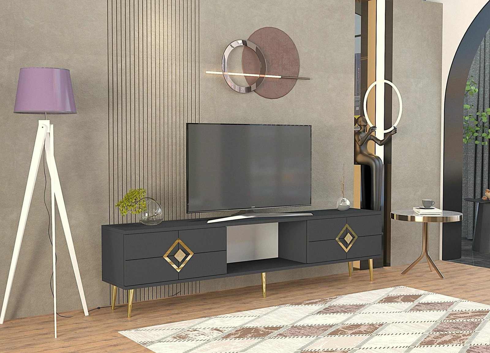 Komodë TV Skye Decor, ngjyrë antracit, detaje ari