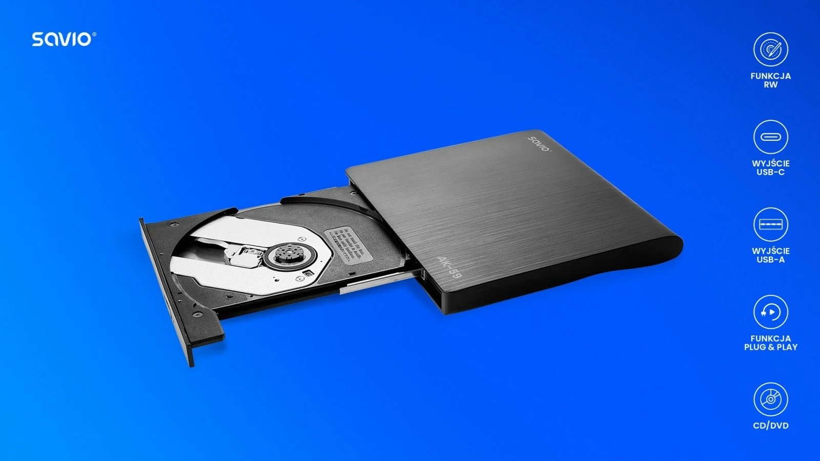 Lexues/shkrues i jashtëm CD/DVD Savio AK-59, USB-C/USB-A, i zi