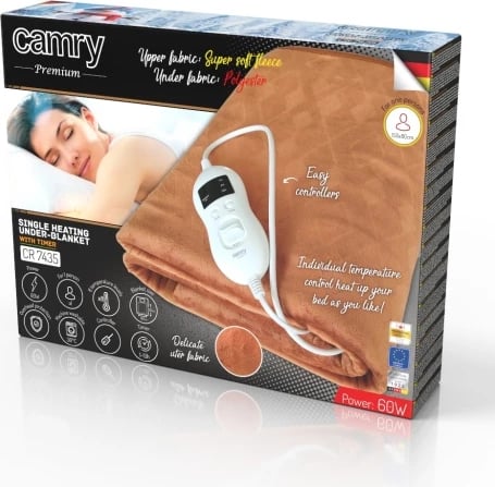 Batanije elektrike nën-dyshek me timer, Adler CR 7435, 150x80 cm, 8 nivele, 60 W, kafe