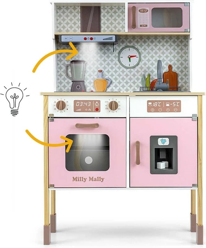 Kuzhinë loje prej druri, Milly Mally, Bjorn, me drita e tinguj, e rregullueshme në lartësi, me aksesorë, rozë