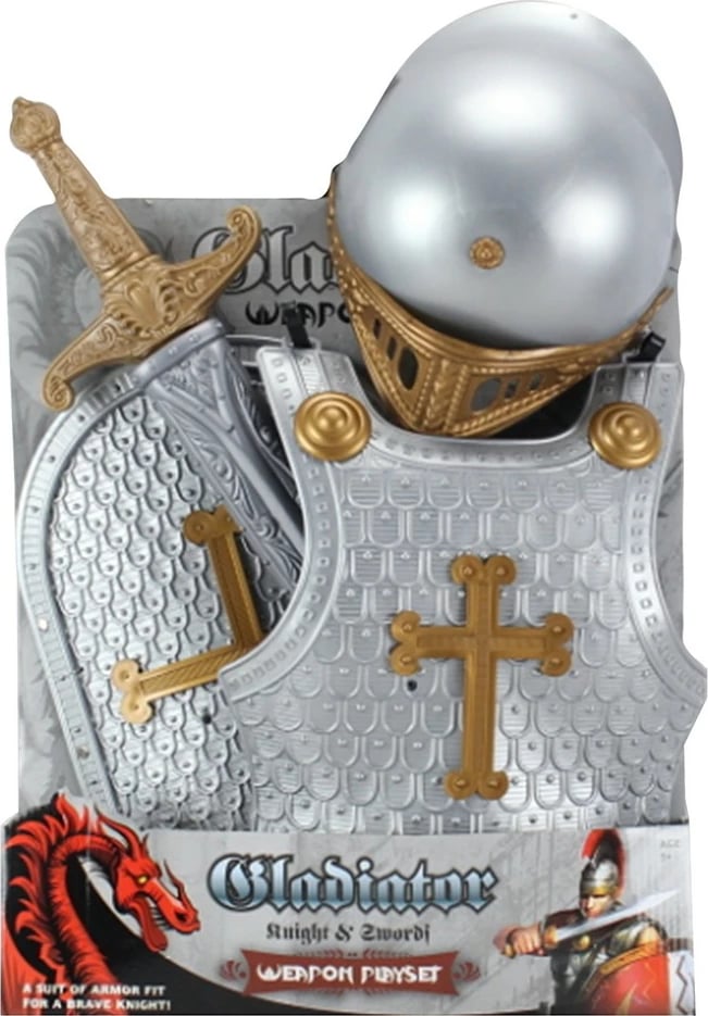 Set kalorësi për fëmijë ASKATO 119946 me zbrojë, mburojë, shpatë dhe helmetë, argjendtë/artë