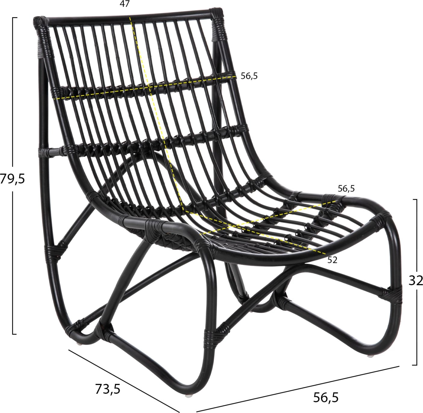 Karrige e jashtme GRINN, shkopinj Rattan, ngjyrë e zezë, 56.5x73.5x79.5H cm