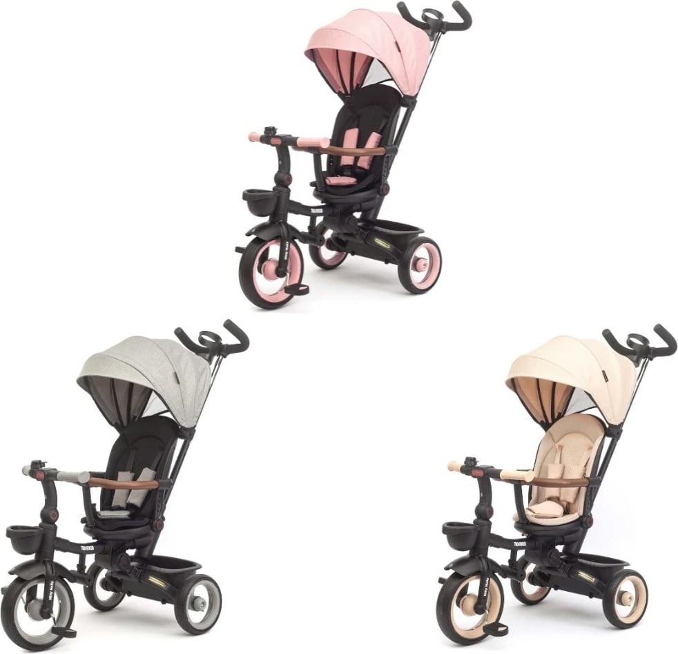 Tricikletë fëmijësh me dritë Milly Mally Twinkle, sedile rrotulluese 180°, timon prindëror i rregullueshëm, rrota shkumë, kapacitet 25 kg, me çati dhe kosha, bezhë