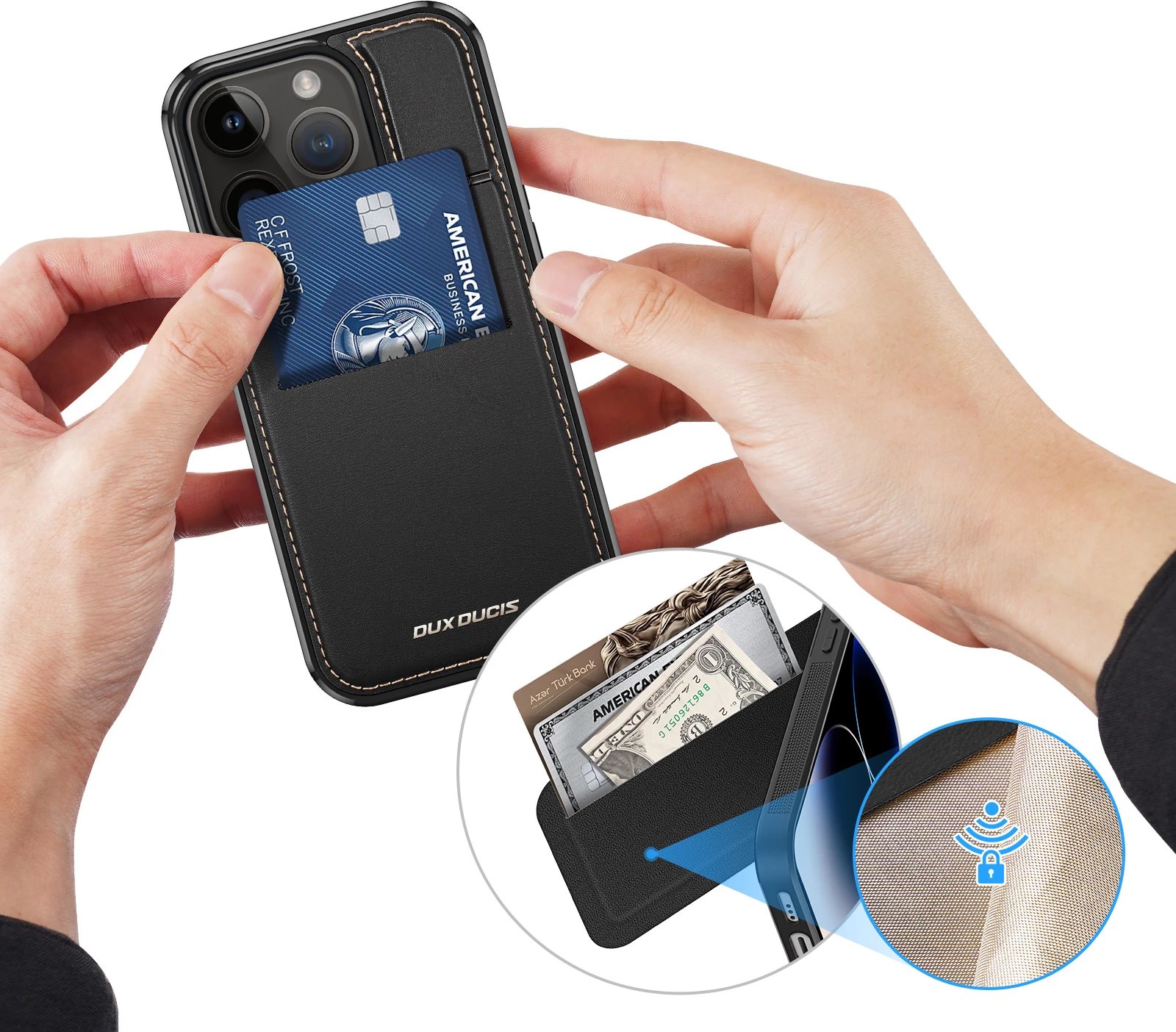 Mbështjellës Dux Ducis Rafi Mag për iPhone 14 Pro, MagSafe, RFID Blocker, i zi Mbështjellës Dux Ducis Rafi Mag për iPhone 14 Pro, MagSafe, RFID Blocker, i zi