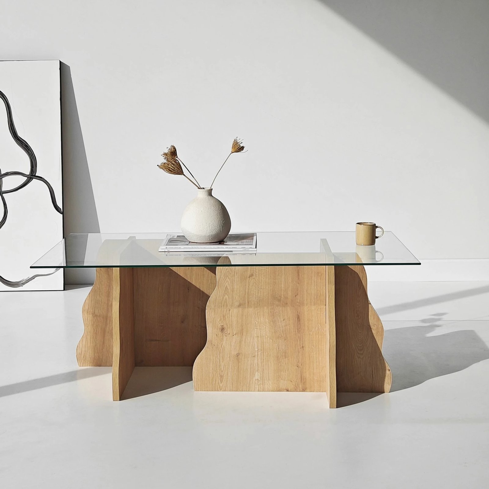 Tavolinë kafeje Skye Decor, lisi Sapphire, xham transparent