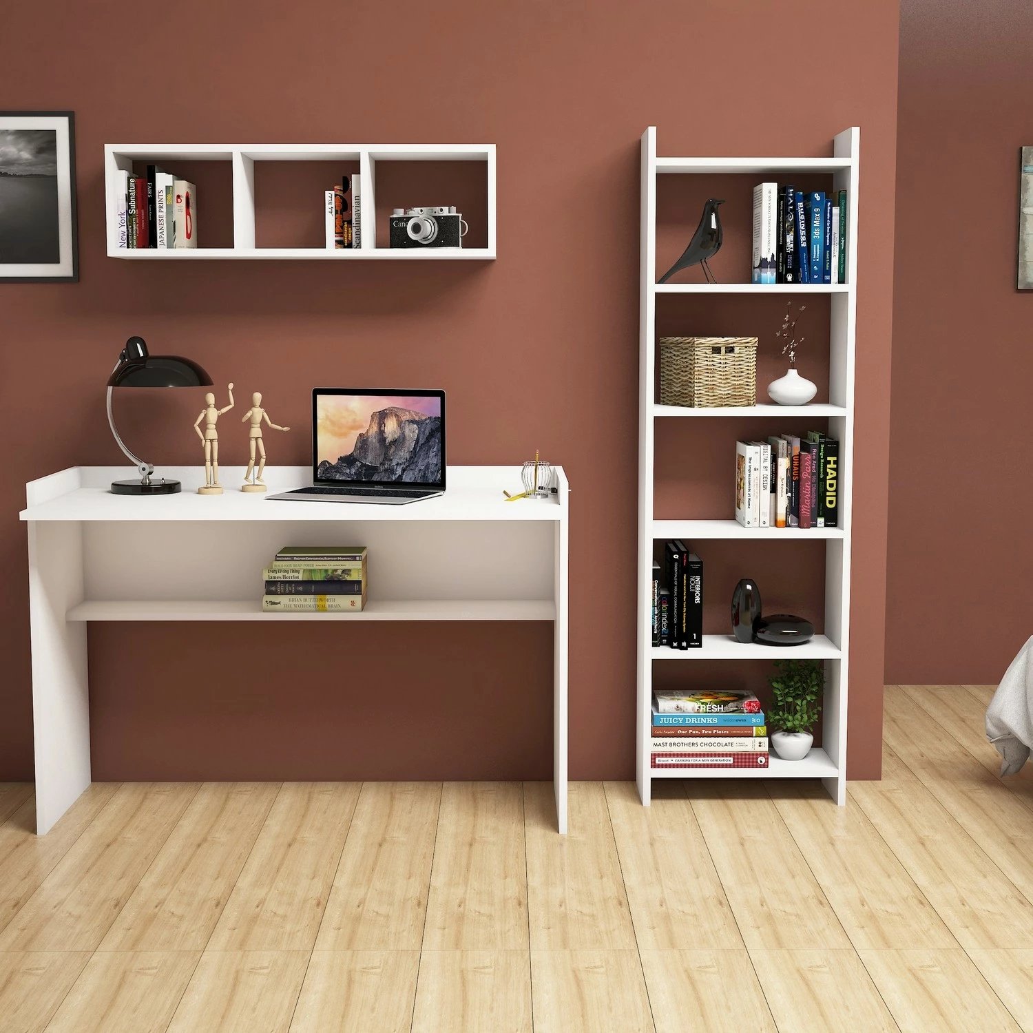 Set tavoline studimi me raft librash, Hanah Home, Hera, e bardhë