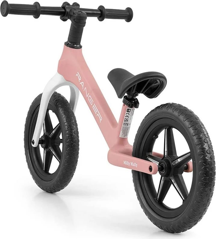 Biçikletë pa pedale për fëmijë, Milly Mally Ranger Flash, 12\" EVA, kornizë kompozite, rrota me LED, peshë 2.8 kg, rozë