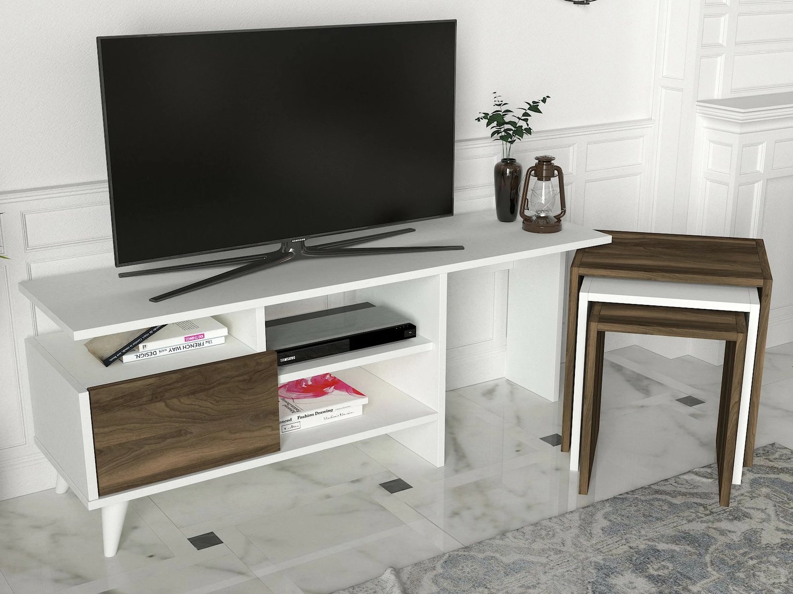 Njësi TV Skye Decor, ngjyrë natyrale - e bardhë, arre