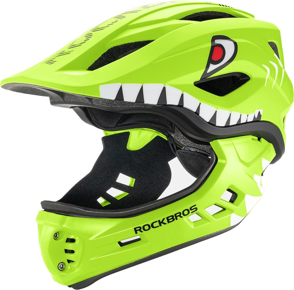 Helmetë biçiklete fëmijësh full-face, Rockbros, TT-32003 Shark, nofullë e heqshme, madhësia S (48-52 cm), jeshile