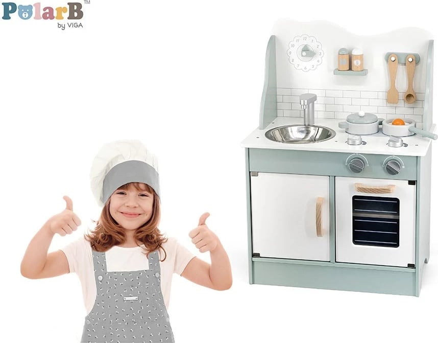 Kuzhinë loje prej druri, Viga, me lavaman metalik, furrë dhe sobë me 2 rrema, me ora dhe butona rrotullues, ngjyrë mint, set me aksesorë