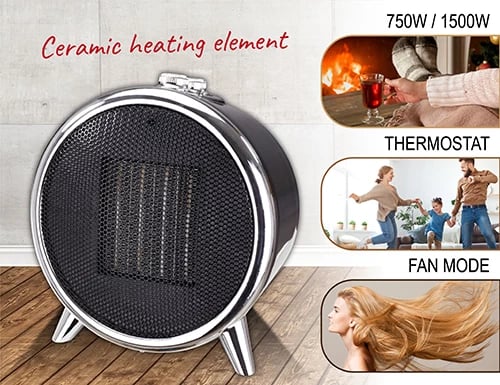 Ngrohës qeramik me ventilator, Adler, AD 7742, 1500W (2 nivele) me termostat, zi & argjendtë