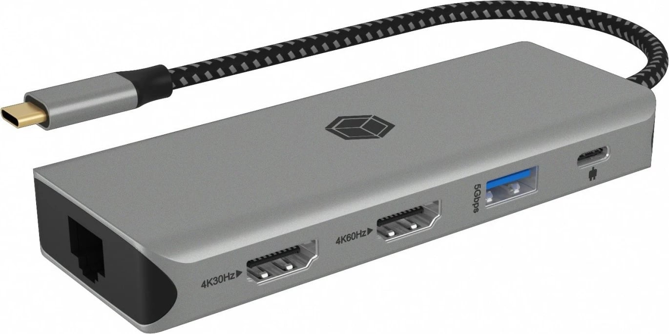 Docking station IcyBox IB-DK4012-CPD, 9-në-1, 2x HDMI, 4K60Hz, 3x USB, 100W PD, LAN, Lexues kartash, antracit