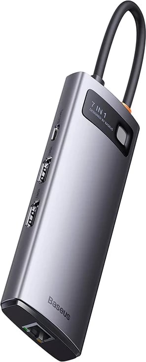 Kasë Baseus Metal Gleam Series 7-in-1, USB-C në 3x USB 3.0, HDMI, USB-C PD, VGA, Ethernet RJ45, Gri