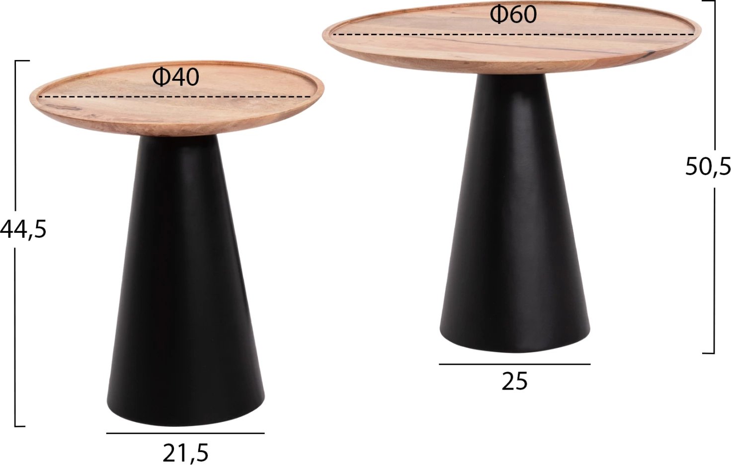 Tavolina kafeje 2 copë RIFF FH9997, dru mango, baza hekuri, Φ60 & Φ40 cm.