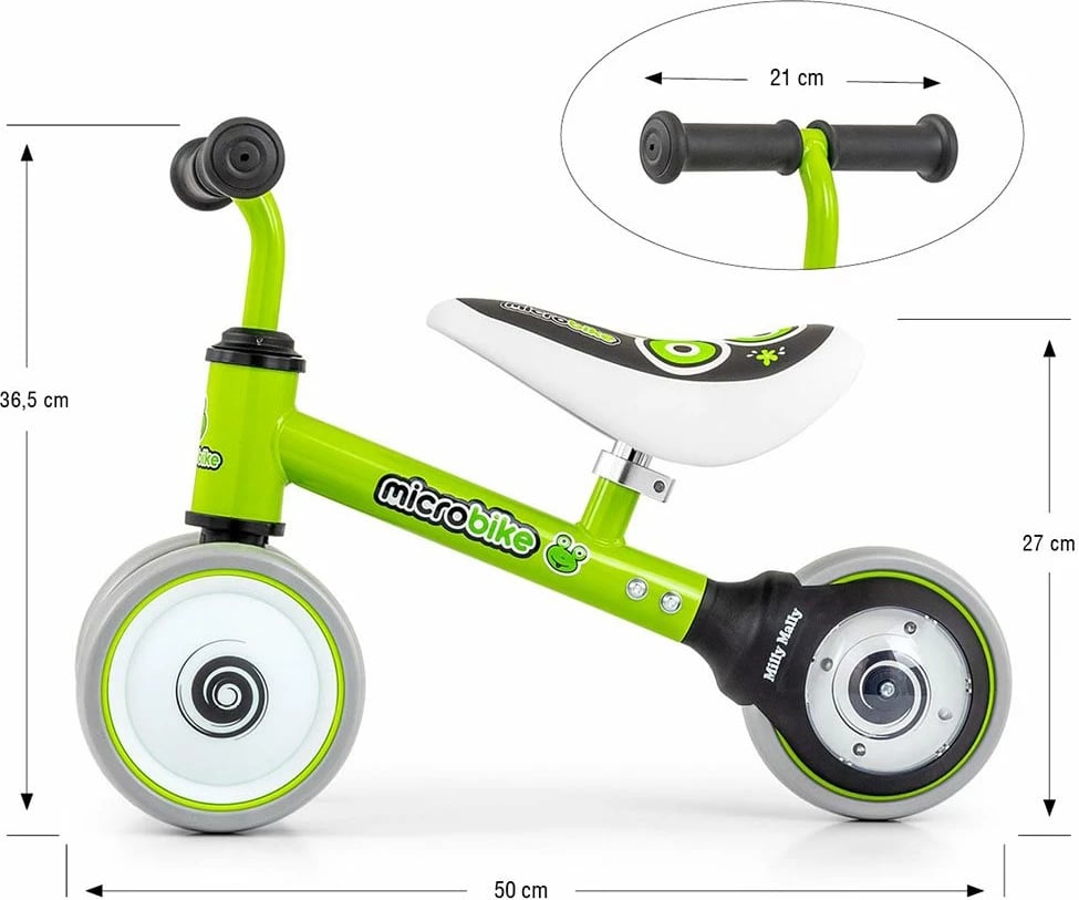 Biçikletë pa pedale për fëmijë, Milly Mally Micro Plus Frog, rrota 6", 18–36 muaj, ngarkesë 25 kg, jeshile
