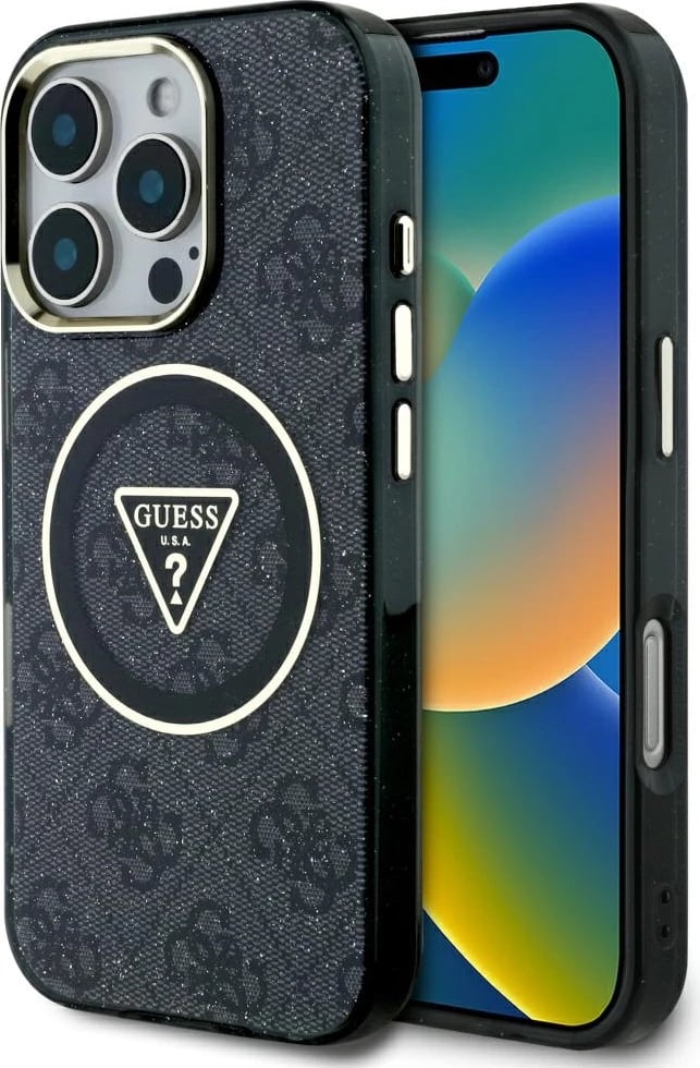 Mbështjellës Guess IML Metal Glitter 4G Circle Triangle MagSafe për iPhone 16 Pro, Zi