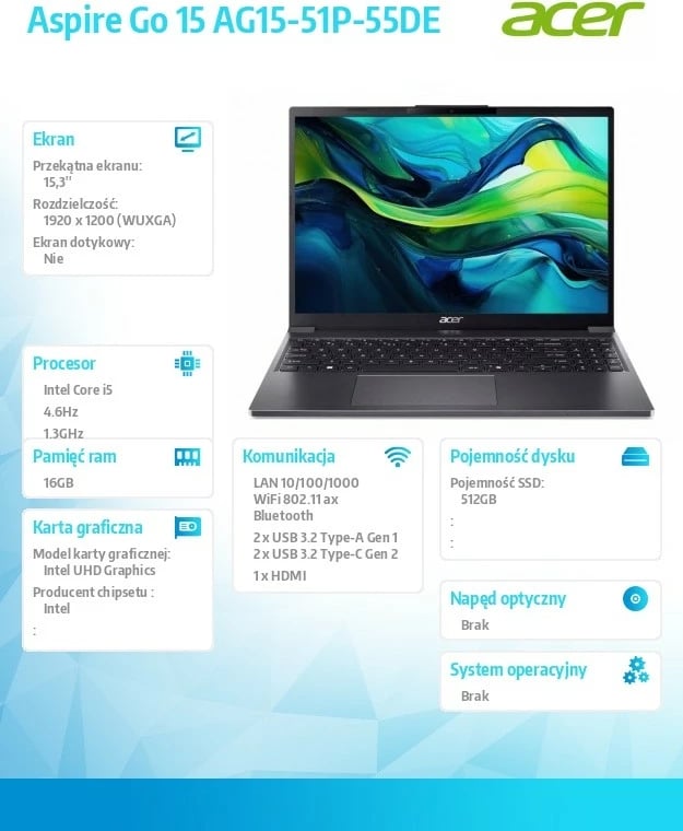 Laptop Acer Aspire Go 15 AG15-51P-55DE, Intel Core i5-1334U, 15.3" WUXGA, 16GB RAM, 512GB SSD, pa OS, e zezë