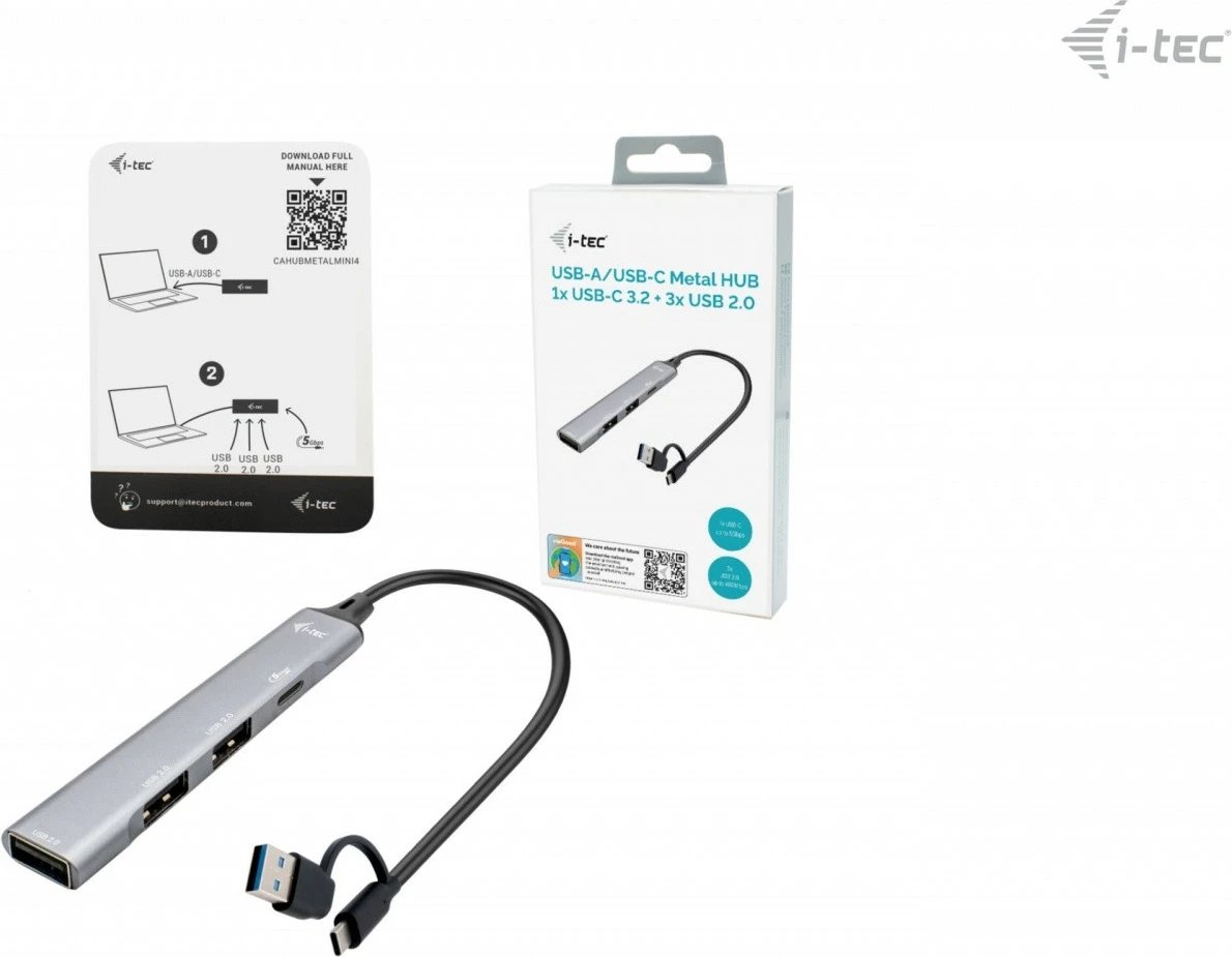 Hub USB i-tec CAHUBMETALMINI4, 1x USB 3.0 + 3x USB 2.0, Metal, Gri
