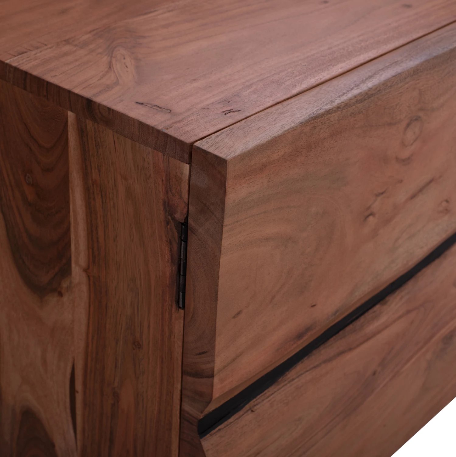 Komodë TV Alicia, dru akacie masiv, ngjyrë natyrale, këmbë metalike të zeza, 130x43x66 cm