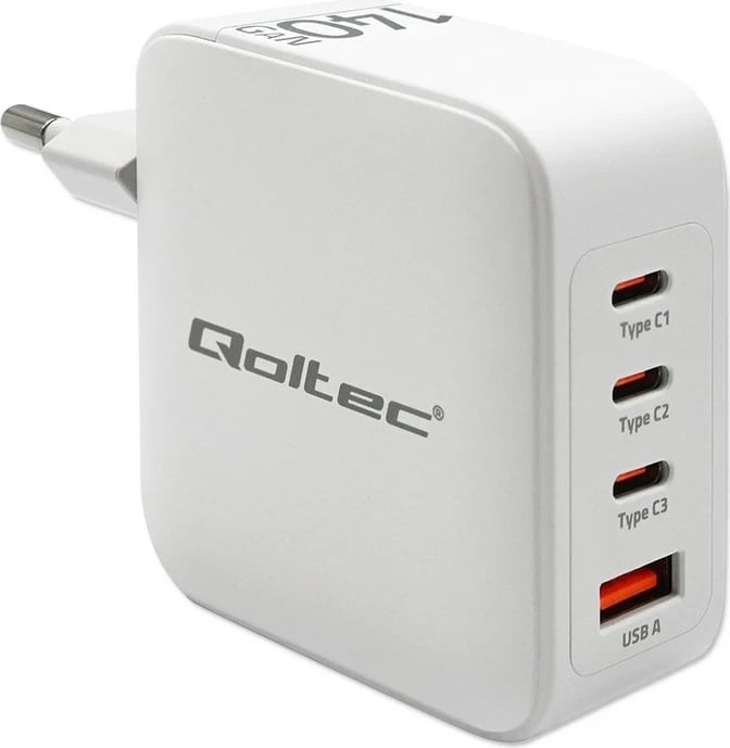 Karikues muri Qoltec 140W GaN, 3 x USB-C PD, 1 x USB QC 3.0, Bardhë