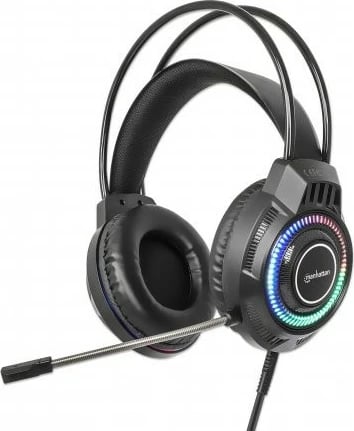 Kufje gaming MANHATTAN RGB LED, USB, over-ear, me mikrofon, e zezë