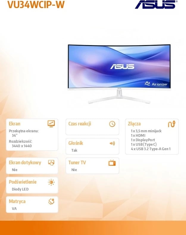 Monitor Asus VU34WCIP-W, 34", WQHD, 100Hz, USB-C, i bardhë