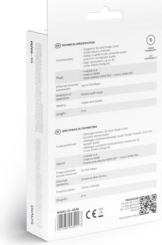 Kabëll HDMI 1.4 Savio CL-40/M, 2m, i zi