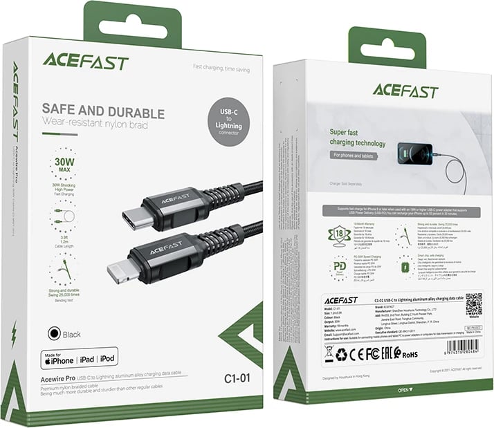 Kabllo Acefast C1-01 USB-C në Lightning, 1.2m, 30W, e zezë