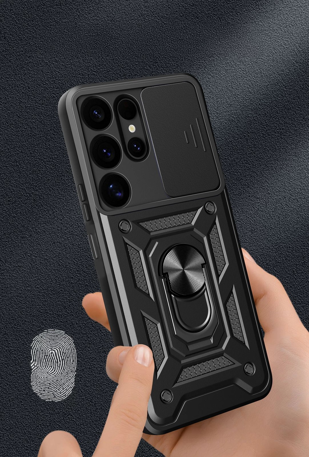 Mbështjellës Hurtel Hybrid Armor Camshield me kapak kamere dhe unazë metalike për Samsung Galaxy S25 Ultra, Zi