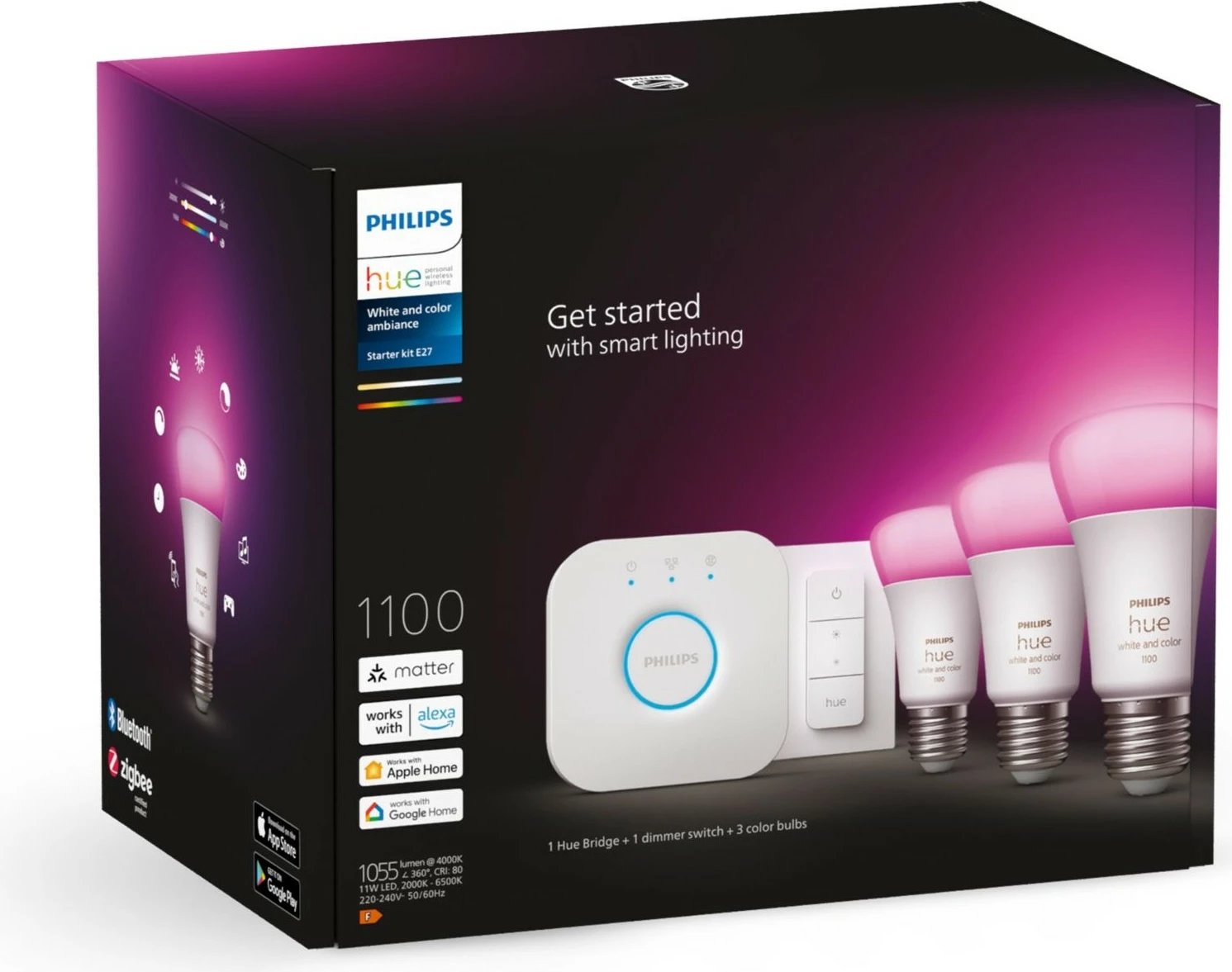 Kit ndriçimi i mençur Philips Hue, 3 llampa E27, dimmer switch, Bluetooth/Zigbee, Bardhë Kit ndriçimi i mençur Philips Hue, 3 llampa E27, dimmer switch, Bluetooth/Zigbee, Bardhë