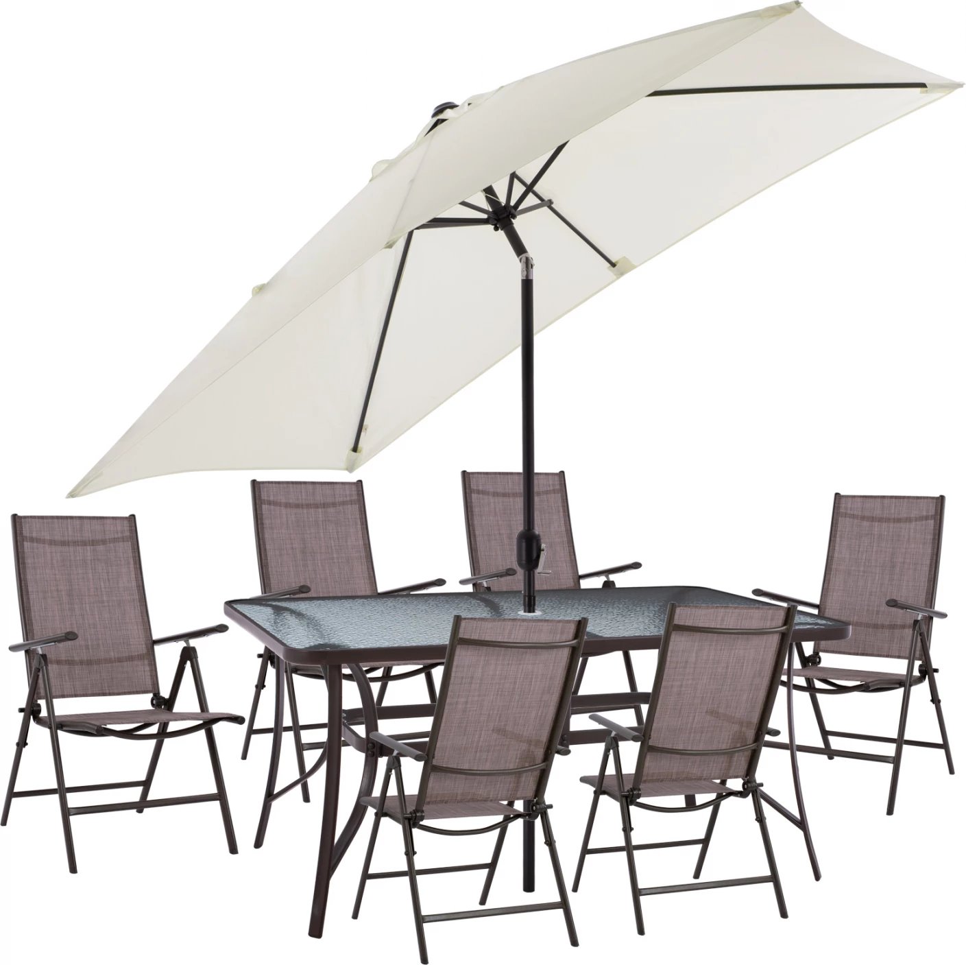 Set për terasë 8 pjesë tavolinë me ombrellë bezhë dhe karrige të palosshme kafe FH11491