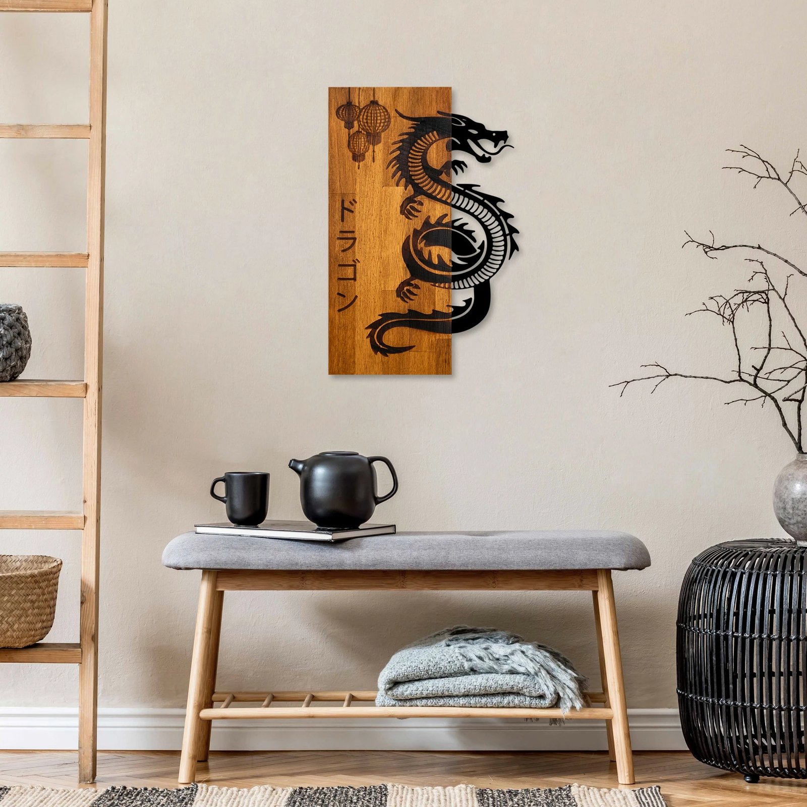 Aksesor dekorativ druri për mur, dragoi, ngjyrë arre dhe e zezë