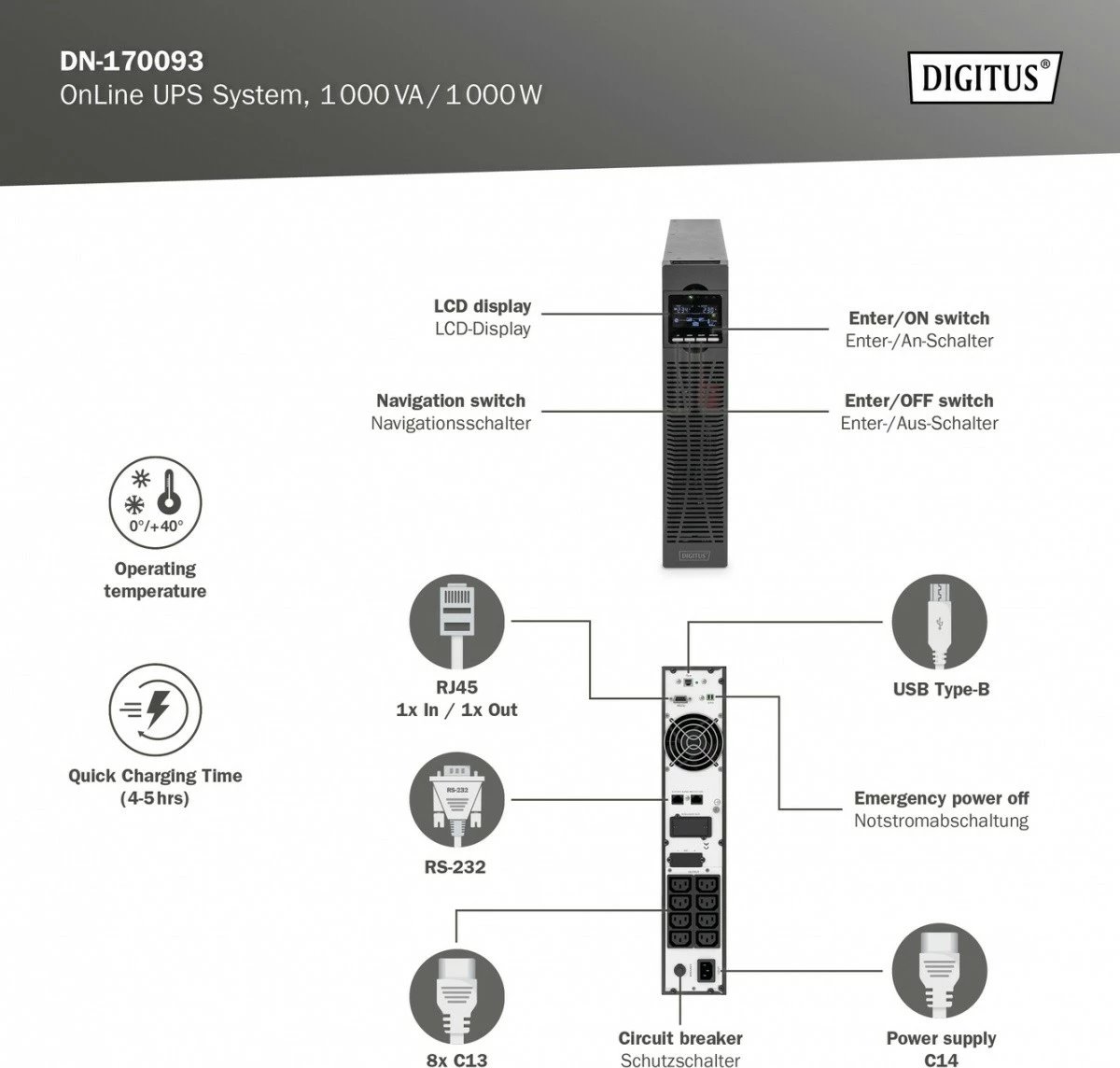 UPS Digitus DN-170093 online rack 19", 1000VA/1000W, 2x12V/9Ah, 8xC13, USB, RS232, RJ45, zi