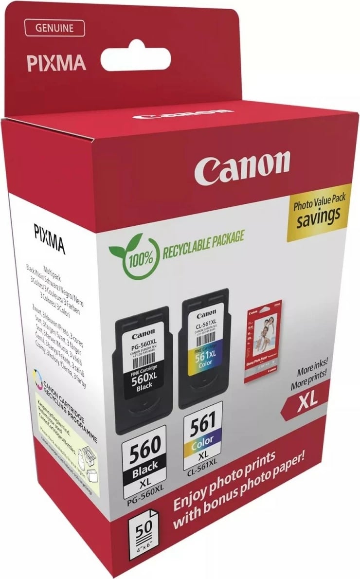 Kaseta boje Canon PG-560XL/CL-561XL Photo Value Pack me letër foto, për PIXMA, E zezë dhe Ngjyrë, 2 copë + 50 fletë