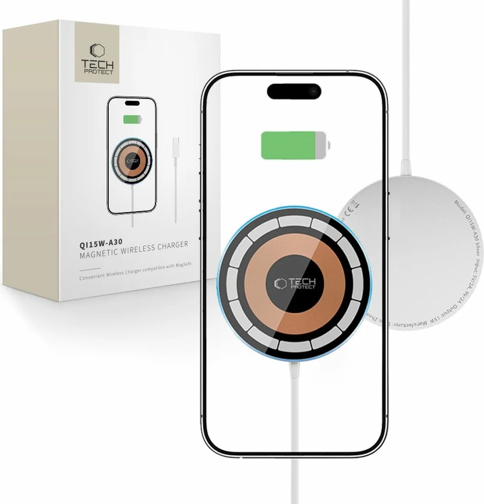 Karikues wireless Tech-Protect QI15W-A30 me MagSafe, 15W, me kabllo USB-C, Argjendtë