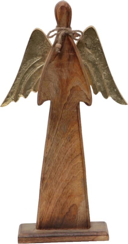 Dekor për Krishtlindje ELSA, engjëll, dru mango, ngjyrë natyrale dhe ar, 22x6x41 cm