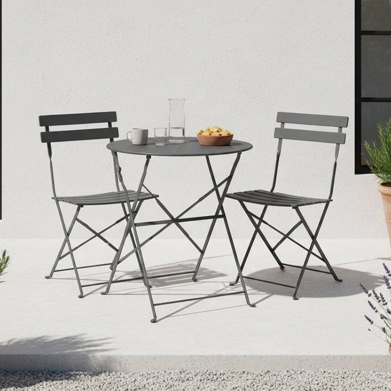 Set bistro tavolinë me karrige, metalike, palosëse, ngjyrë antraciti, 3 copë, Φ60x71cm