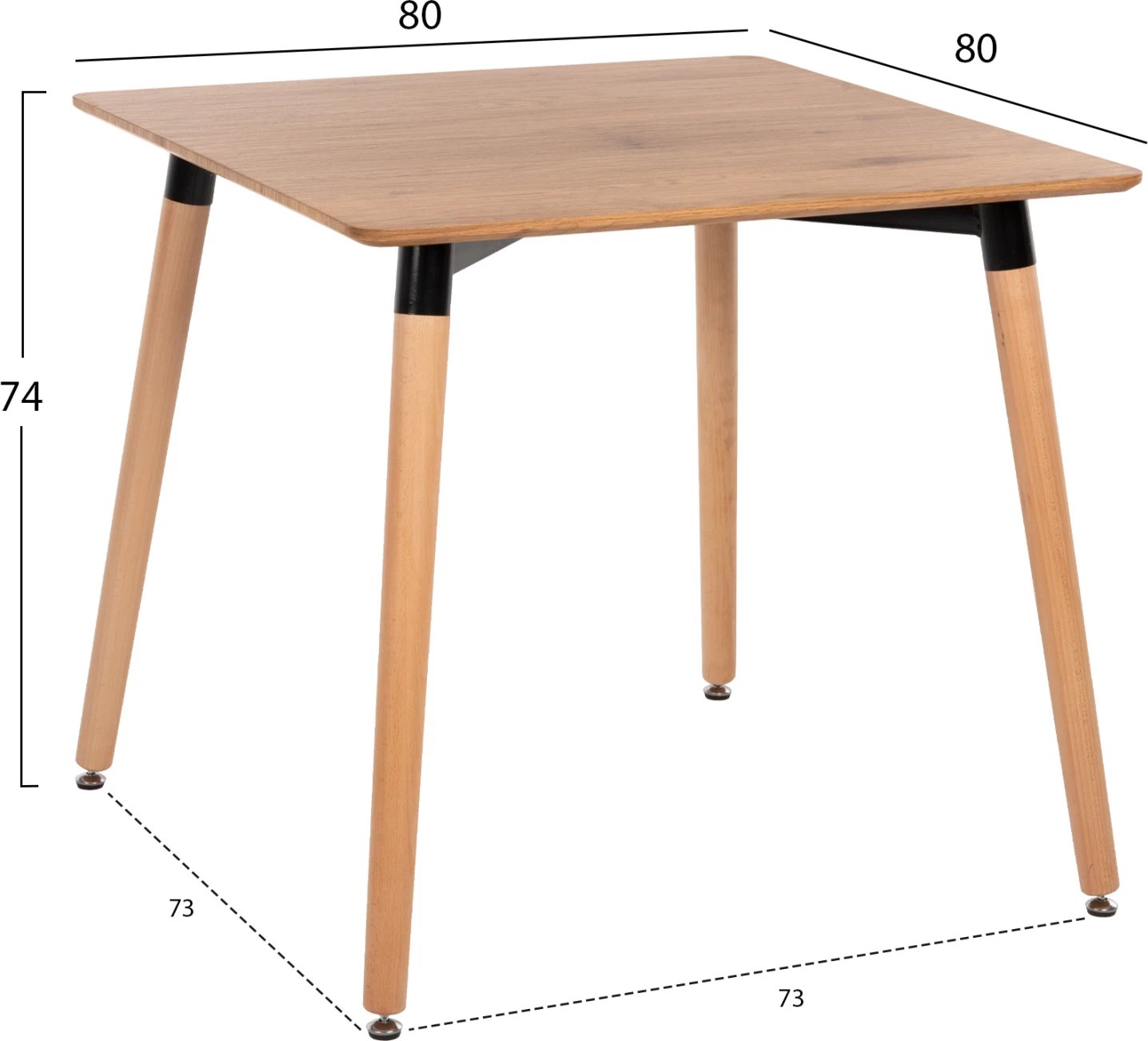 Tavolinë minimaliste për ngrënie, sipërfaqe MDF, këmbë druri ahu, ngjyrë natyrale, FH0057.04, 80x80x74cm
