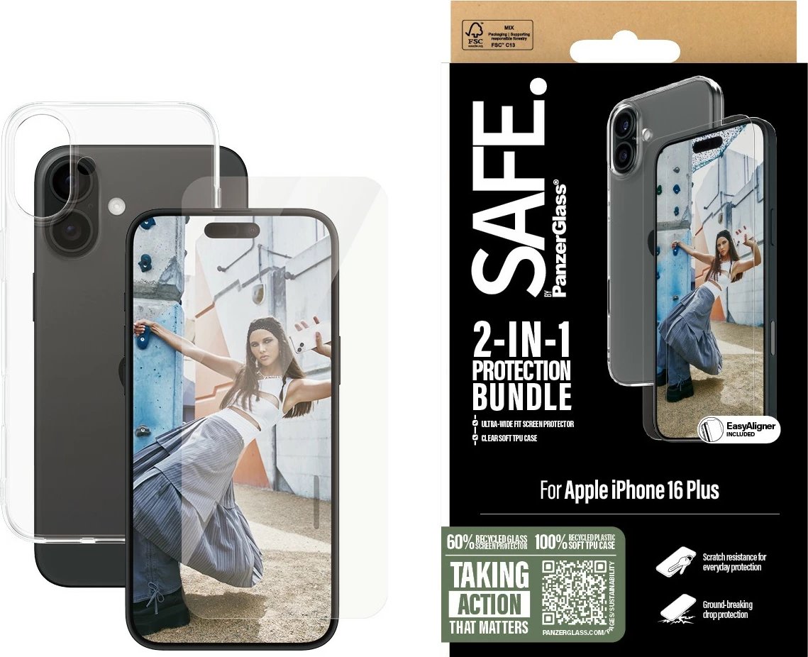 Mbështjellës dhe mbrojtës ekrani PanzerGlass për iPhone 16 Plus, transparent