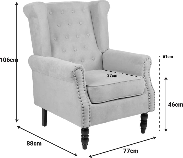 Fotel Piore, material gri i errët, këmbë druri të zezë, 77x80x106cm