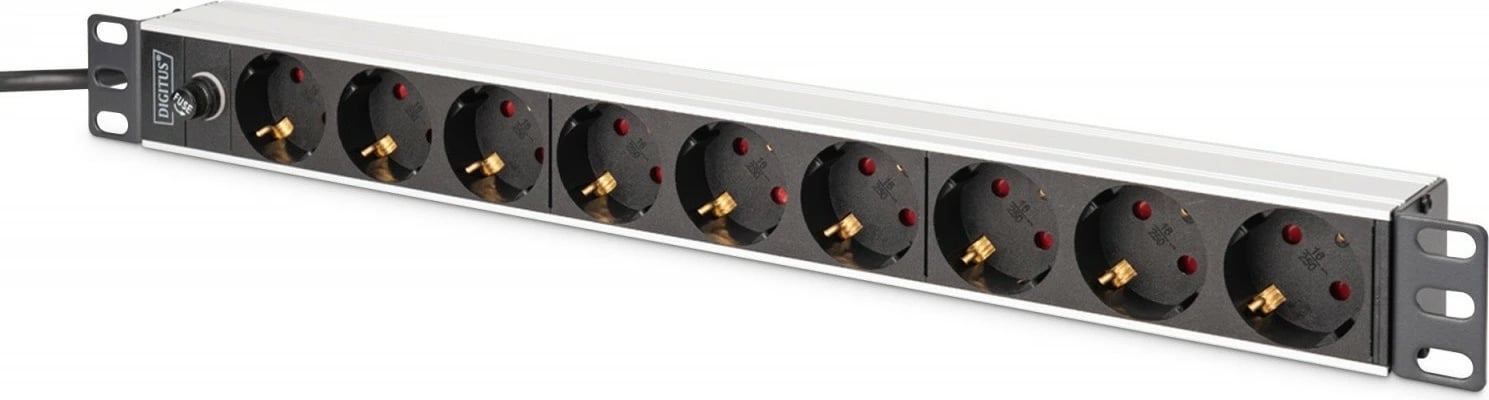 PDU shirit prizash Rack 19", Digitus, DN-95437, 9 dalje Schuko 45°, IEC C14, kabllo 2 m, 10A, 1U, alumin, zi/argjend