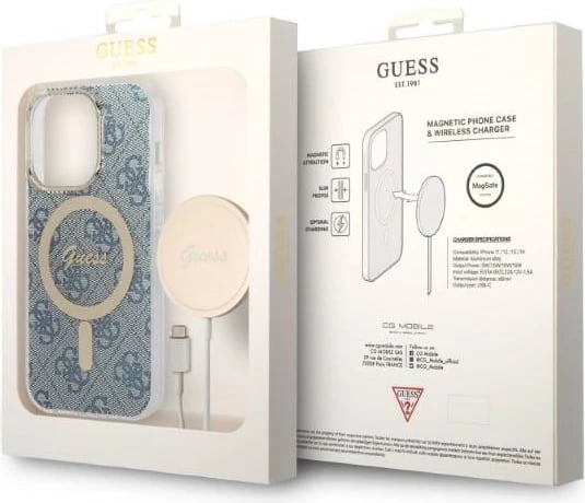 Set mbështjellës Guess GUBPP14XH4EACSB me karikues wireless për iPhone 14 Pro Max 6.7", blu