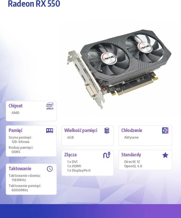 Kartelë grafike AFOX Radeon RX 550 4GB GDDR5 128-bit, DVI/HDMI/DP, PCIe 3.0, ftohje aktive me 2 ventilatorë, e zezë