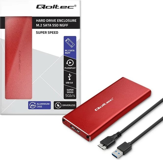 Kasë Qoltec 51831 për SSD M.2 SATA/NGFF, USB 3.0, 2TB, Kuqe