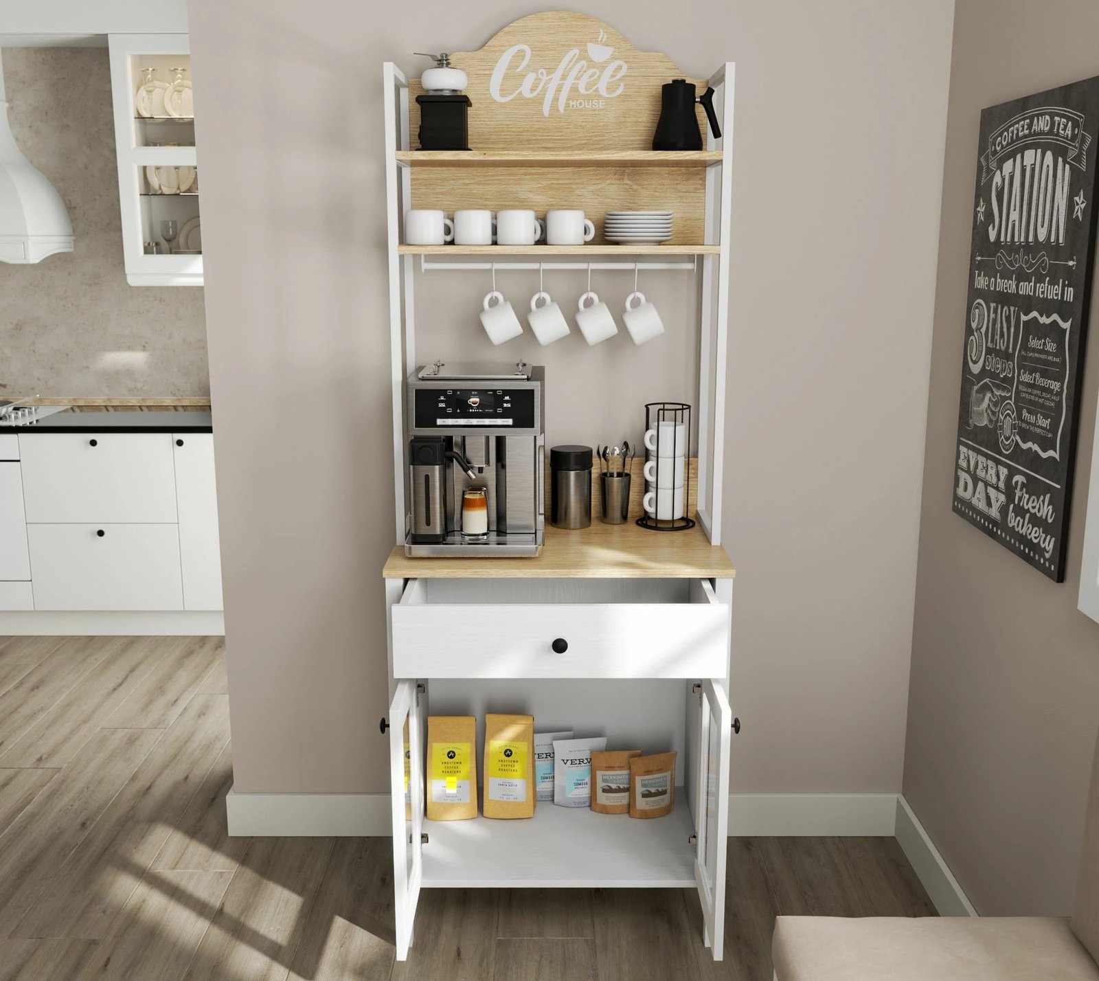 Kabinë për kafe, ngjyrë druri dhe e bardhë, Hanah Home, FRN-20076-1