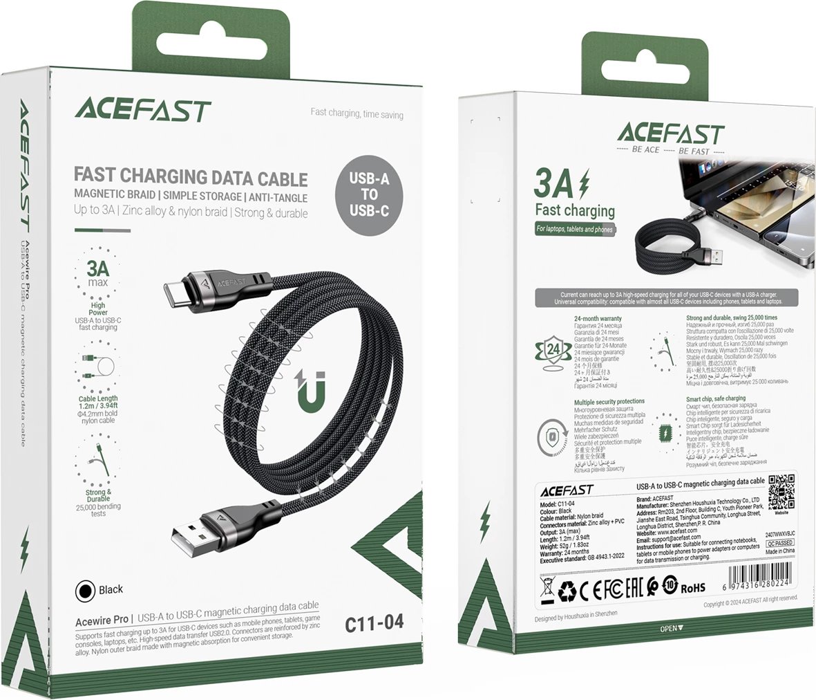 Kabllo Acefast C11-04 USB-A në USB-C, 1.2m, 3A, Magnetike, e zezë
