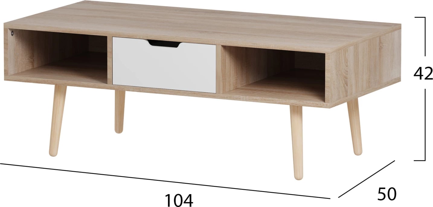 Tavolinë kafeje KRENER FH9877.04 melaminë në ngjyrë sonama & këmbë druri pishe të bardhë 104Χ50Χ42H cm Tavolinë kafeje KRENER FH9877.04 melaminë në ngjyrë sonama & këmbë druri pishe të bardhë 104Χ50Χ42H cm