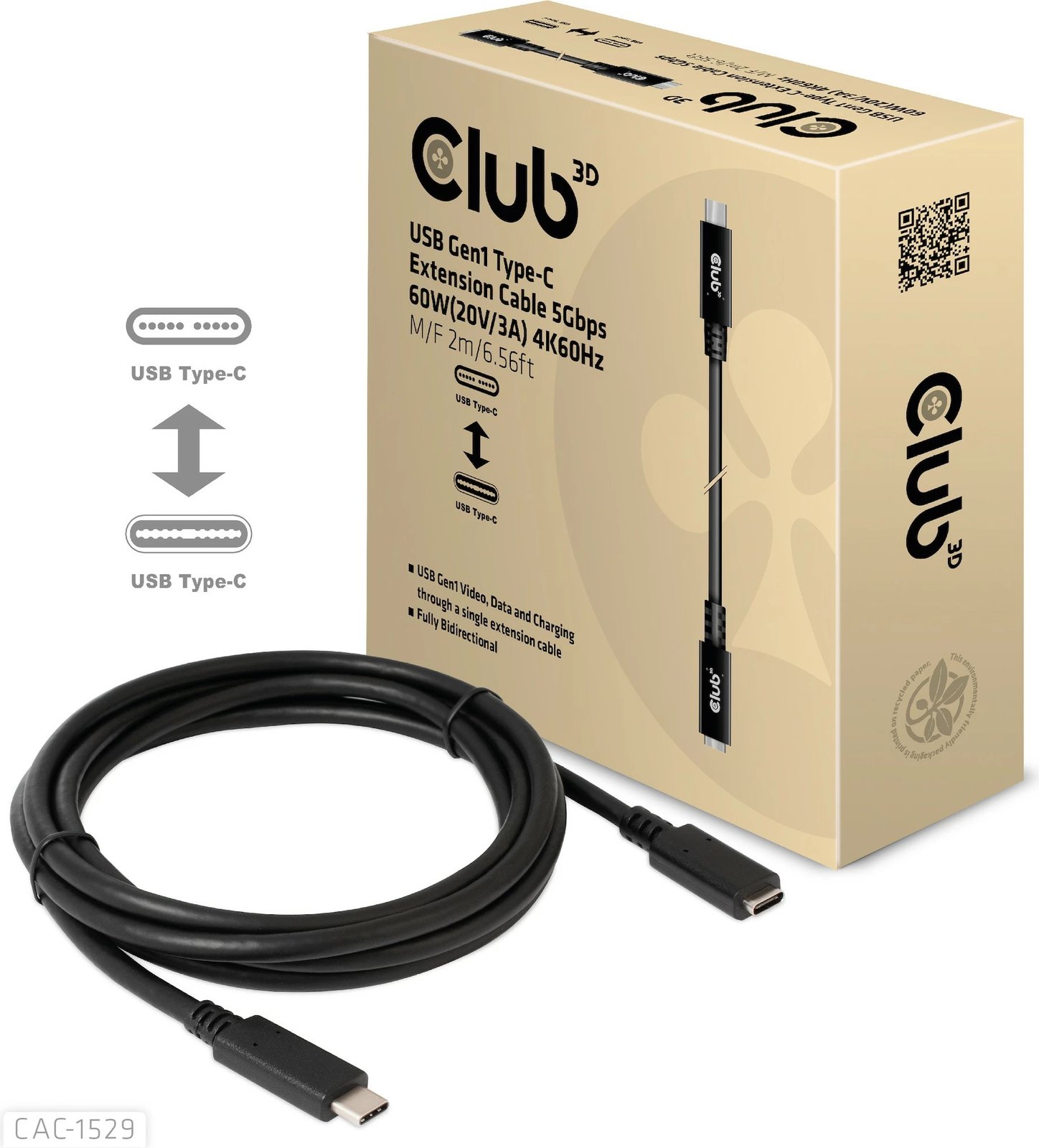 Kabllo USB-C Club3D CAC-1529, 2m, 5Gbps, zgjatues, e zezë