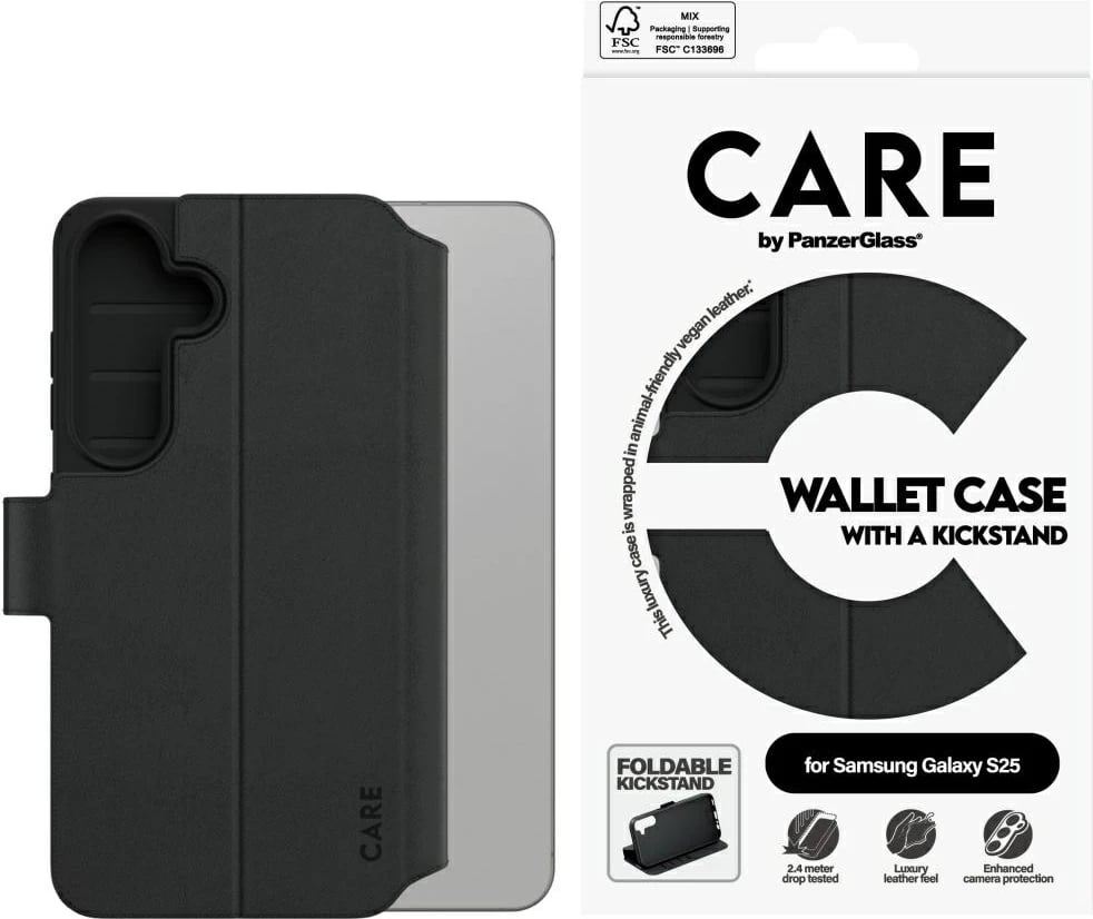 Mbështjellës PanzerGlass CARE wallet me kickstand për Samsung Galaxy S25, Zi